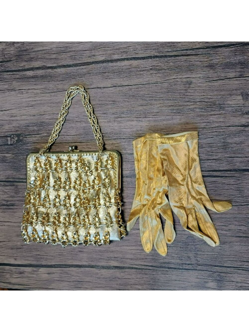 Vintage Gold Mesh Evening Purse with Matching Gloves, Chain Strap, Made in Italy